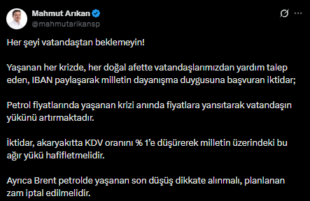 Saadet Partisi lideri Arıkan: Akaryakıtta KDV oranı y&uuml;zde 1'e d&uuml;ş&uuml;r&uuml;lmeli